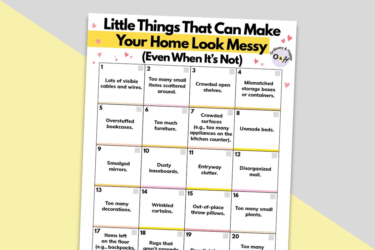 checklist printable of little things that can make your home look messy in a 4x4 grid on a grey and yellow background
