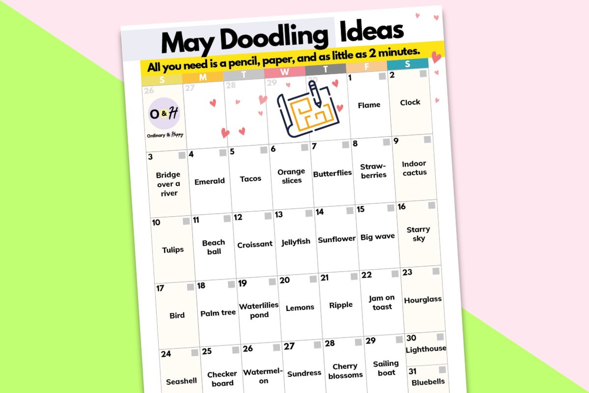 may doodling calendar on a yellow and crimson background