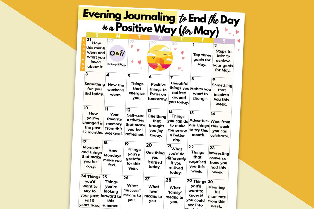 may evening journaling calendar on a yellow and orange backdrop