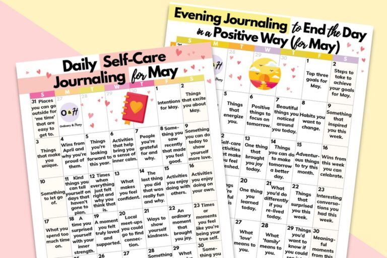self-care and evening journaling calendars for may displayed overlapping on a light yellow and pink background