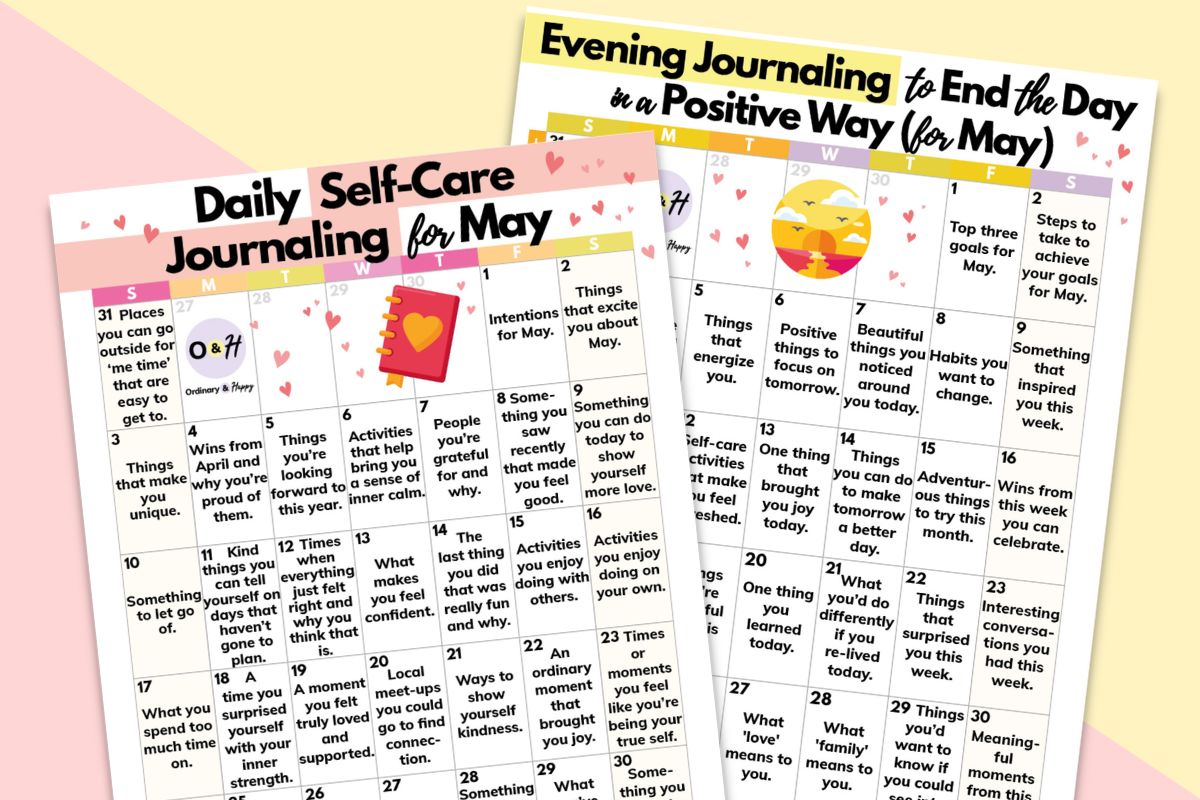 self-care and evening journaling calendars for may displayed overlapping on a light yellow and pink background
