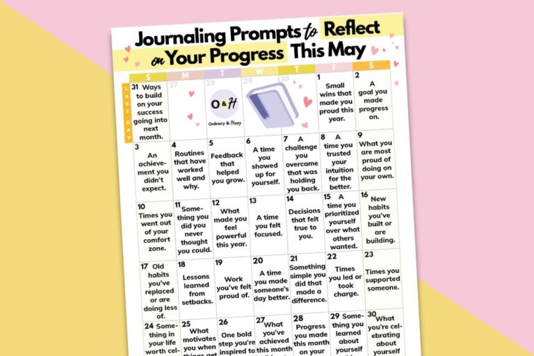 journaling ideas for reflecting on your progress in a may calendar against a yellow and red-grey backdrop