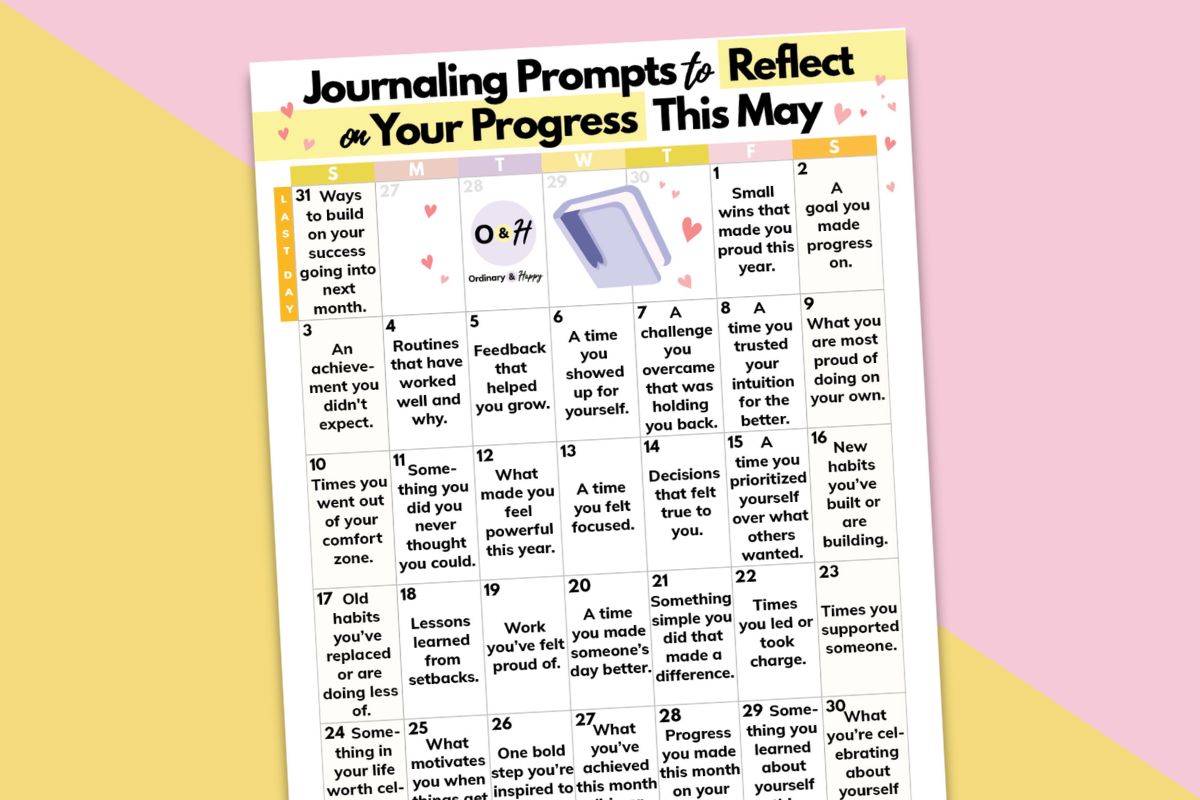 journaling ideas for reflecting on your progress in a may calendar against a yellow and red-grey backdrop