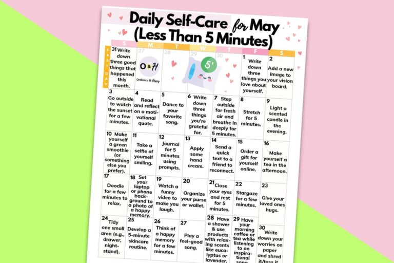 self-care calendar for may on a yellow and pink block color background