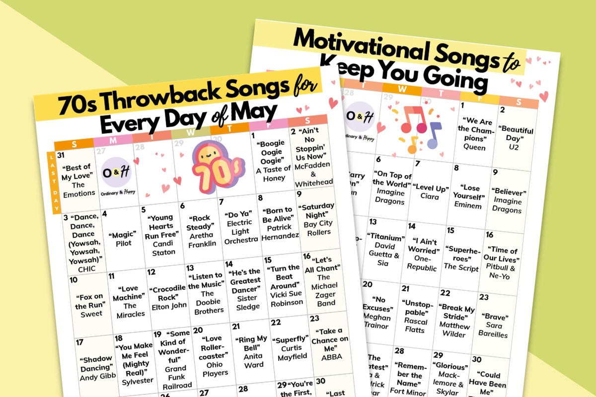 calendar of 70s songs and motivational songs for may displayed overlapping on a grey-yellow and pale yellow backdrop