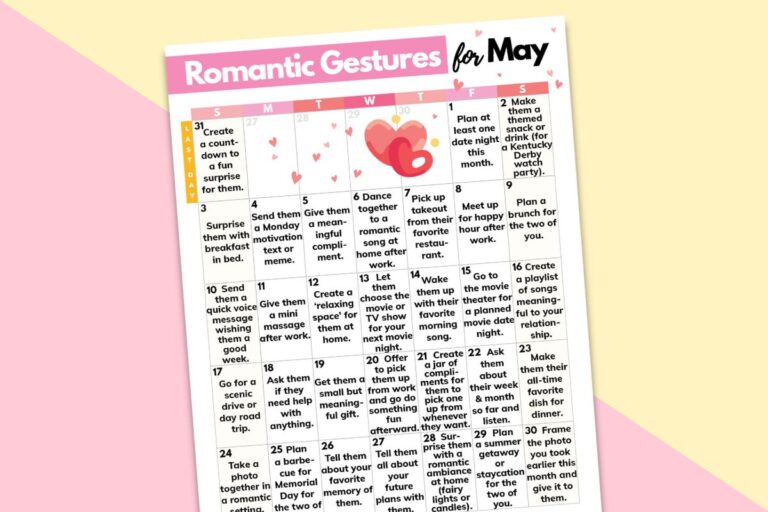 calendar of romantic gestures for may on a pink and yellow background