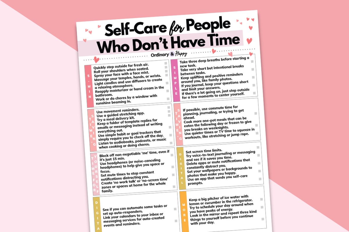 listicle of self-care ideas for people who don't have time on a simple red and pink background
