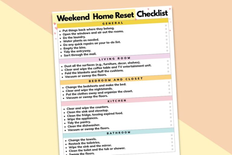 weekend home reset checklist printable on a block color background