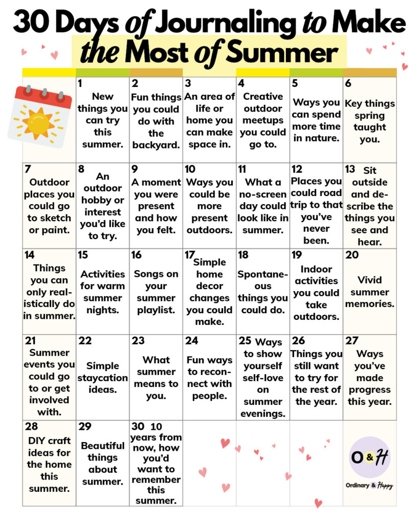 30 days of journaling to make the most of summer (prompts in a 30 day calendar)