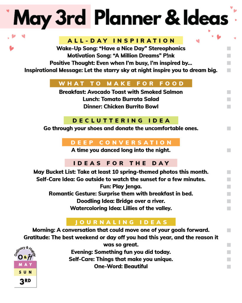 may 3rd daily planner with a list of ideas for different areas of daily life
