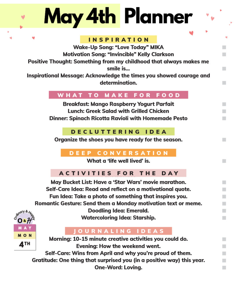 may 4th planner consisting of lists of ideas on a white background in color-coded sections