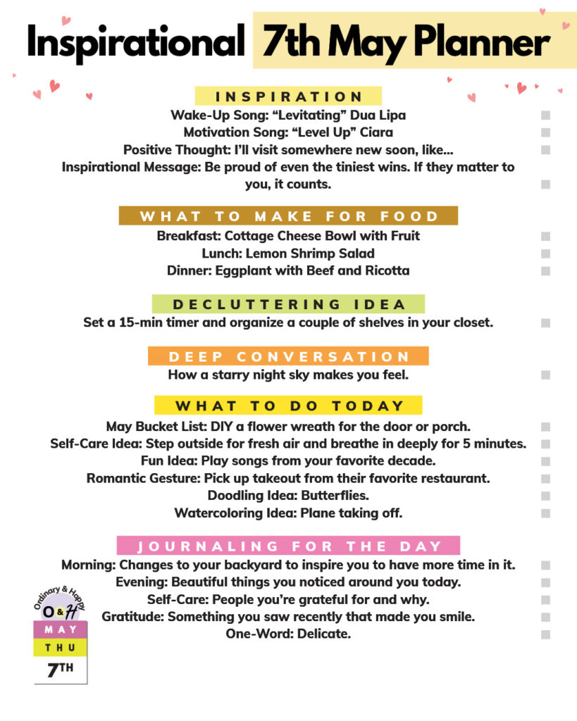 may 7th daily planner listed with ideas for areas of daily life in color-coded sections