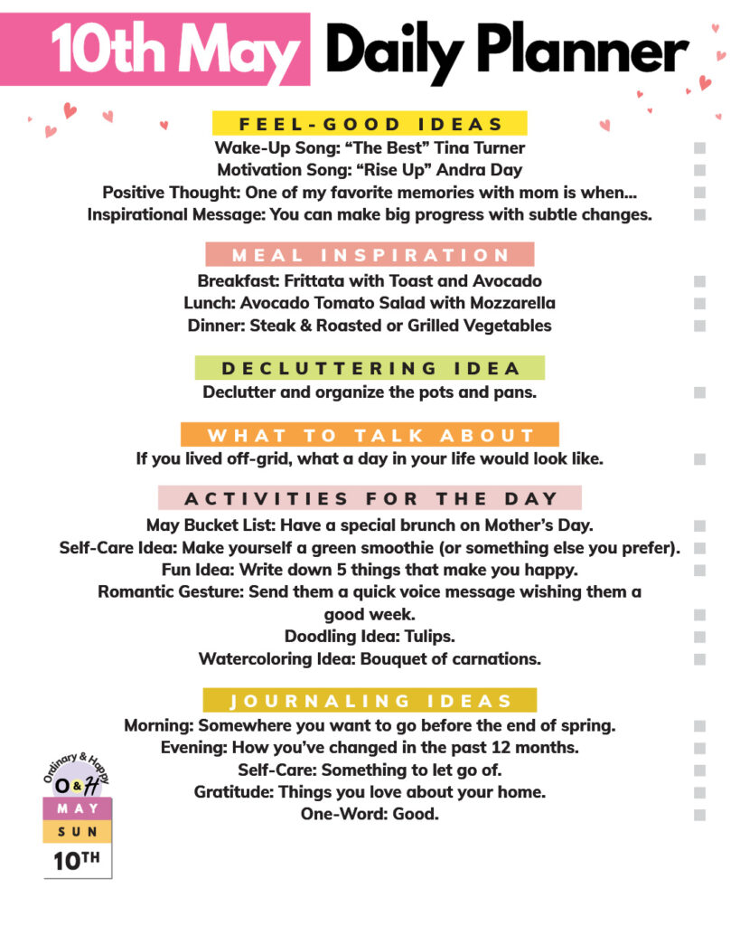daily planner listicle printable with lists of ideas in color-coded sections for different areas of daily life