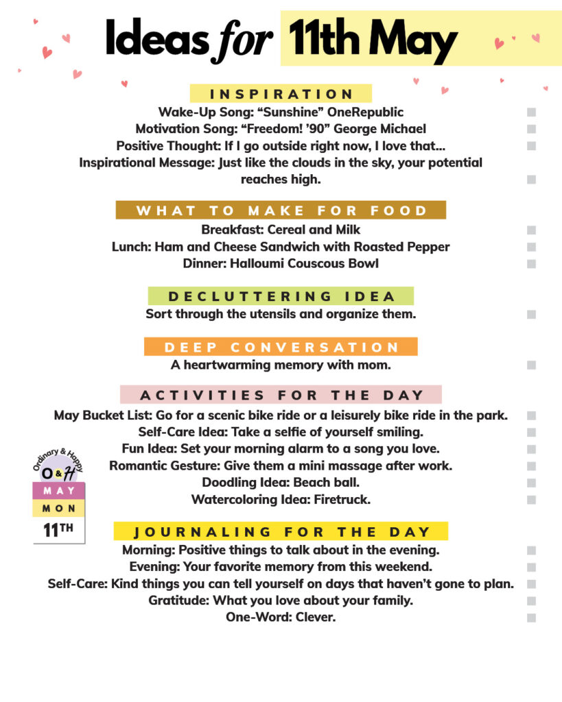 may 11th daily planner printable with lists of ideas for different areas of everyday life