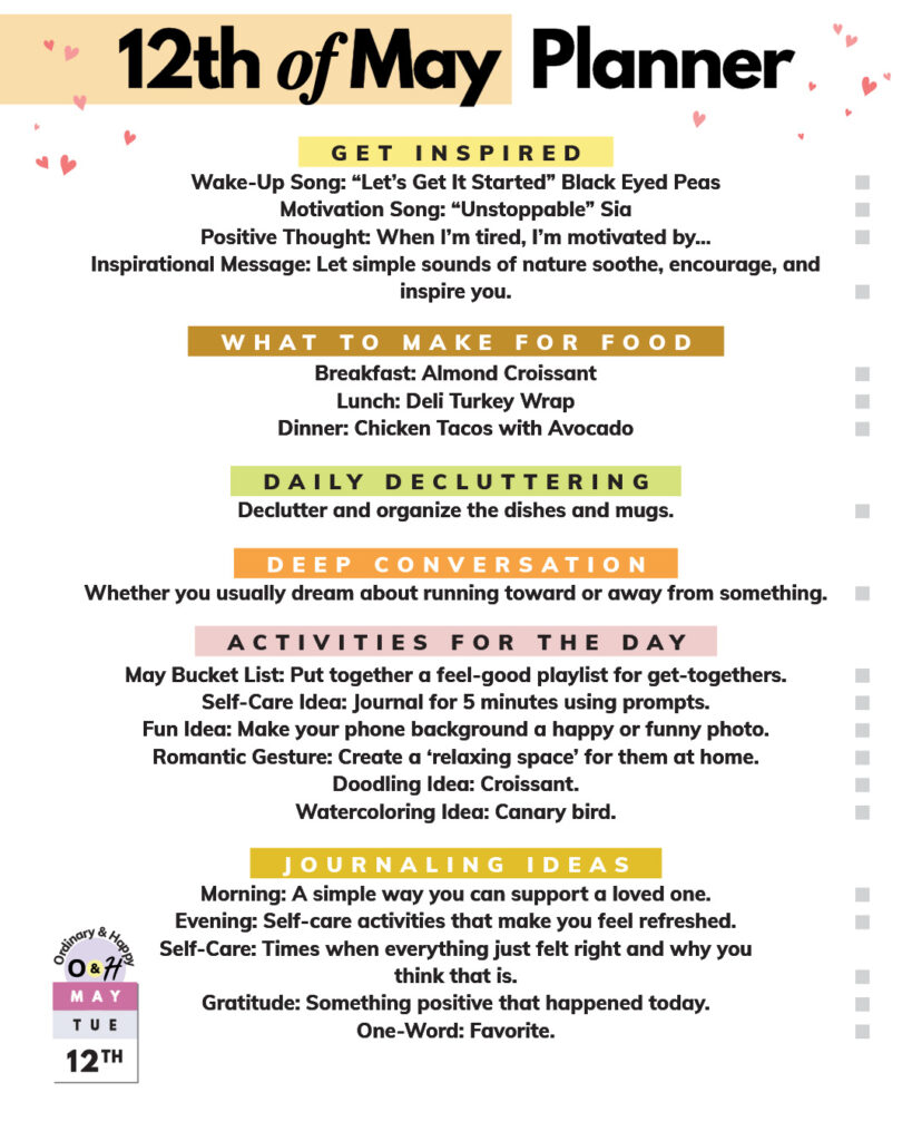 12th of may daily planner consisting of listicles for inspriation, deep talk, decluttering, meals, activities, and journaling