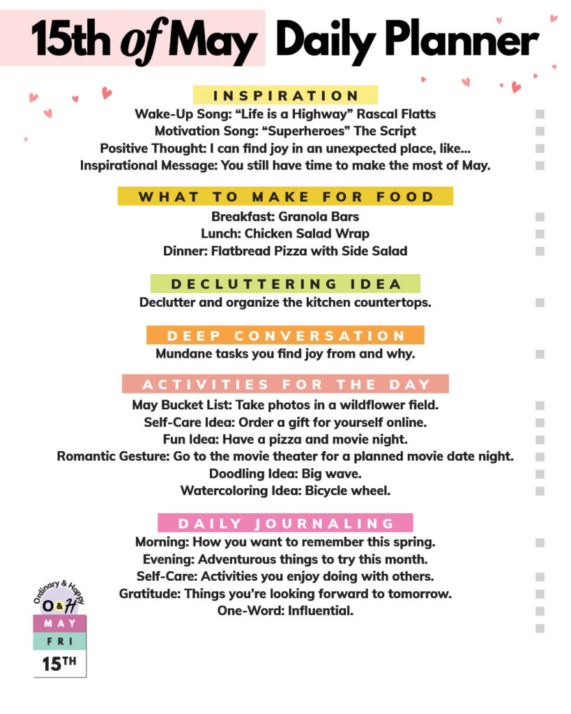 15th of may daily planner printable with ideas for inspiration, deep talk, activities, decluttering, and journaling