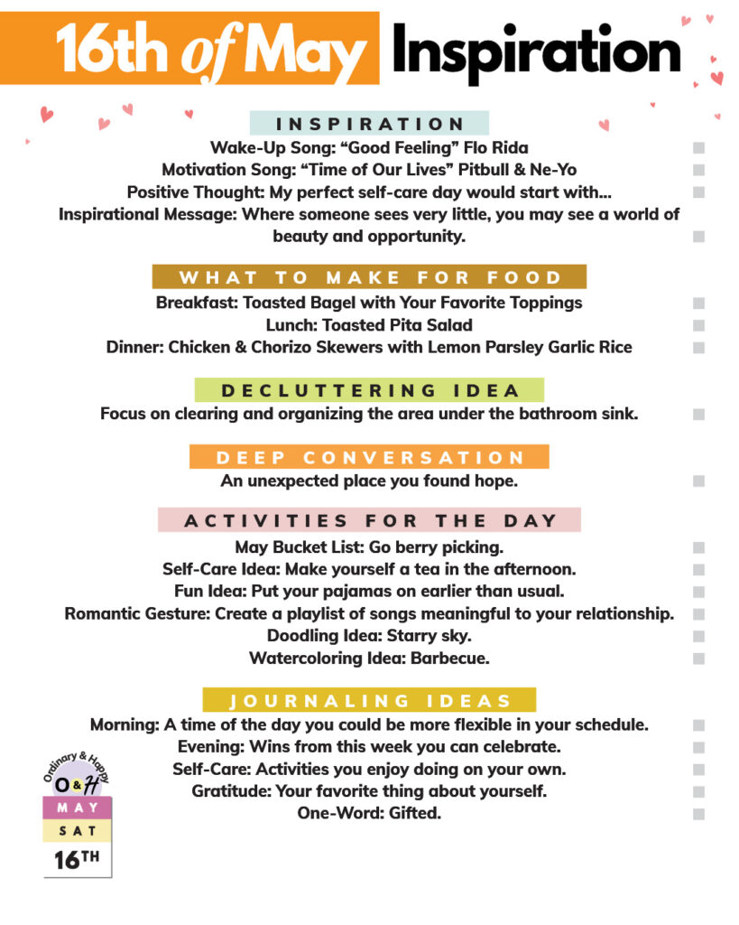 16th may daily planner with lists of ideas in color-coded sections for areas of daily life