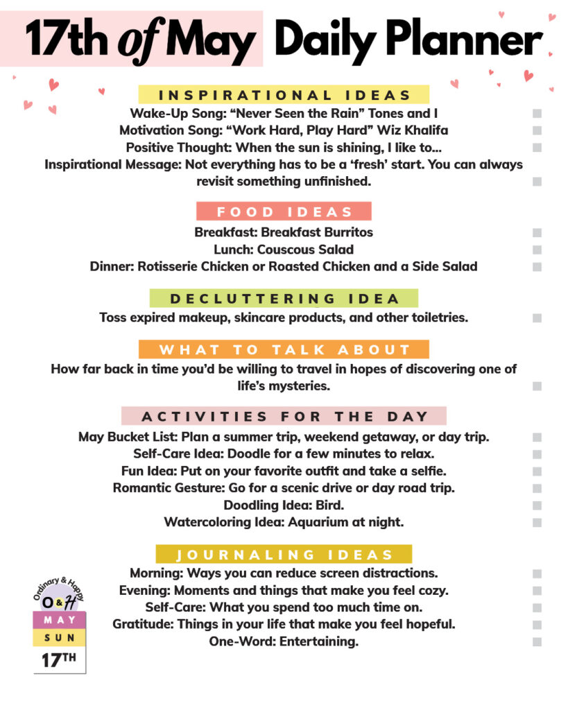 may 17th daily planner with listicles of ideas for journaling, deep talk, activities, meals, decluttering, and daily inspiration