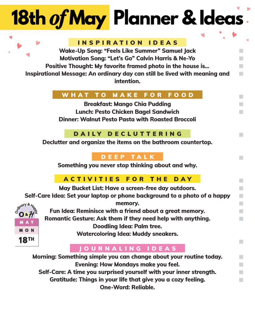 may 18th daily planner printable with lists of ideas in color-coded sections for different areas of daily life
