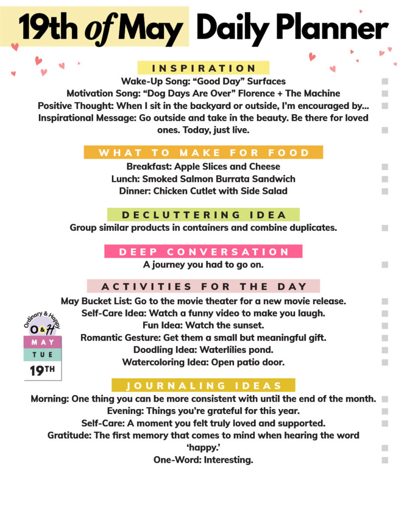 may 19th daily planner printable listicle with lists of ideas in color-coded sections