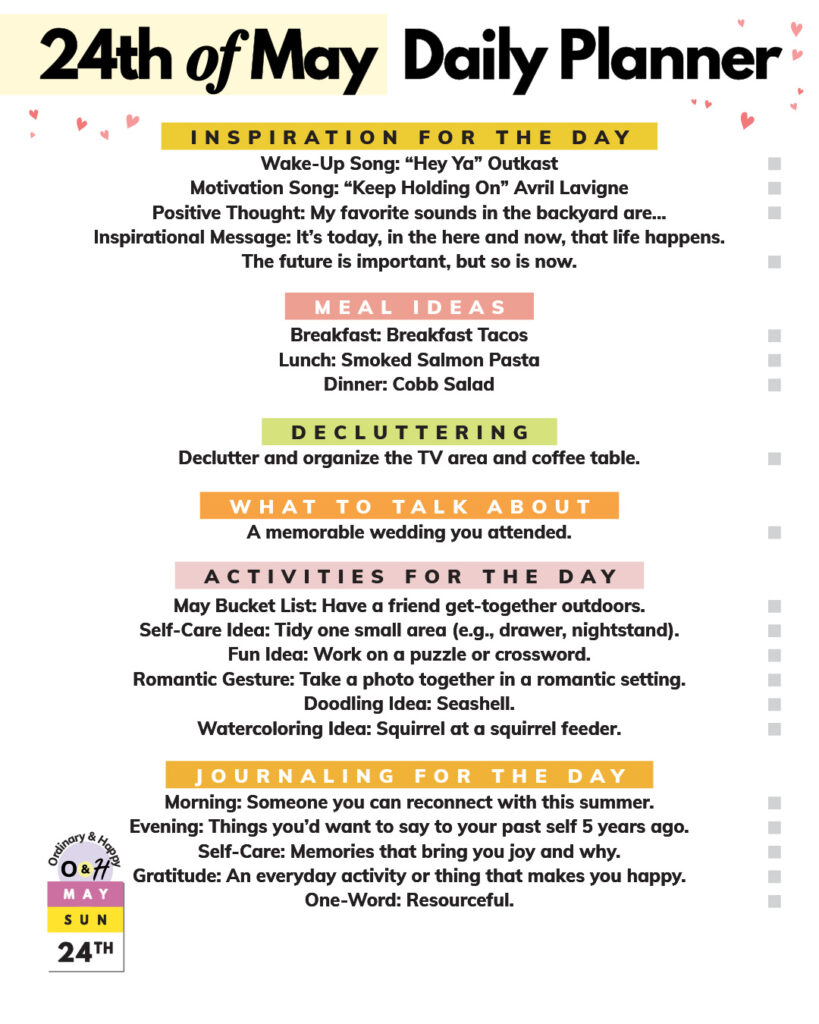 24th of may daily planner containing lists of ideas for decluttering, deep talk, inspiration, meals, journaling, and activities
