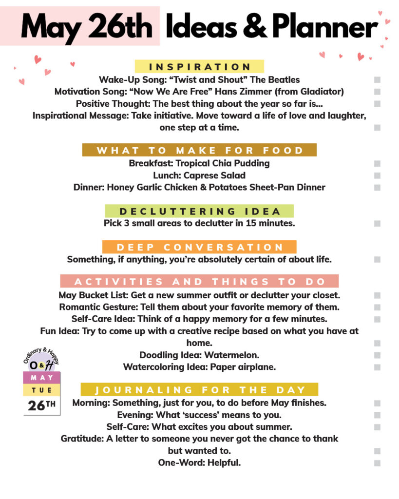may 26th daily planner with ideas in listicle format for everyday areas of daily life