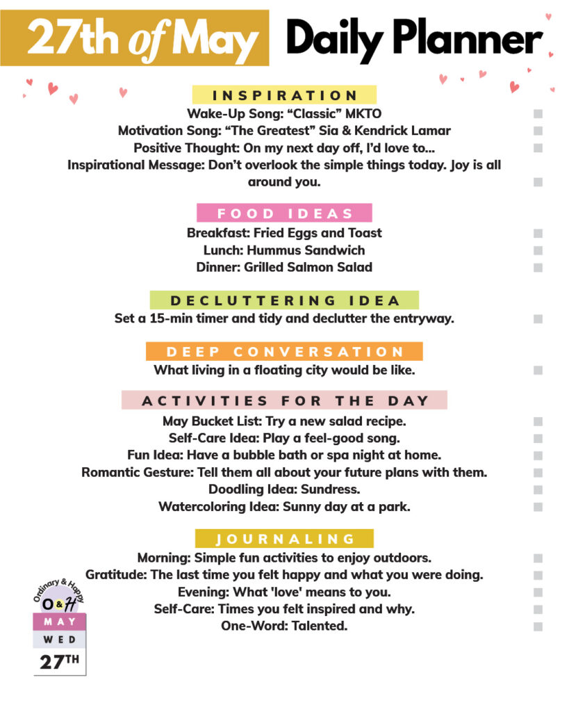 may 27th daily planner printable with lists of ideas in color-coded sections