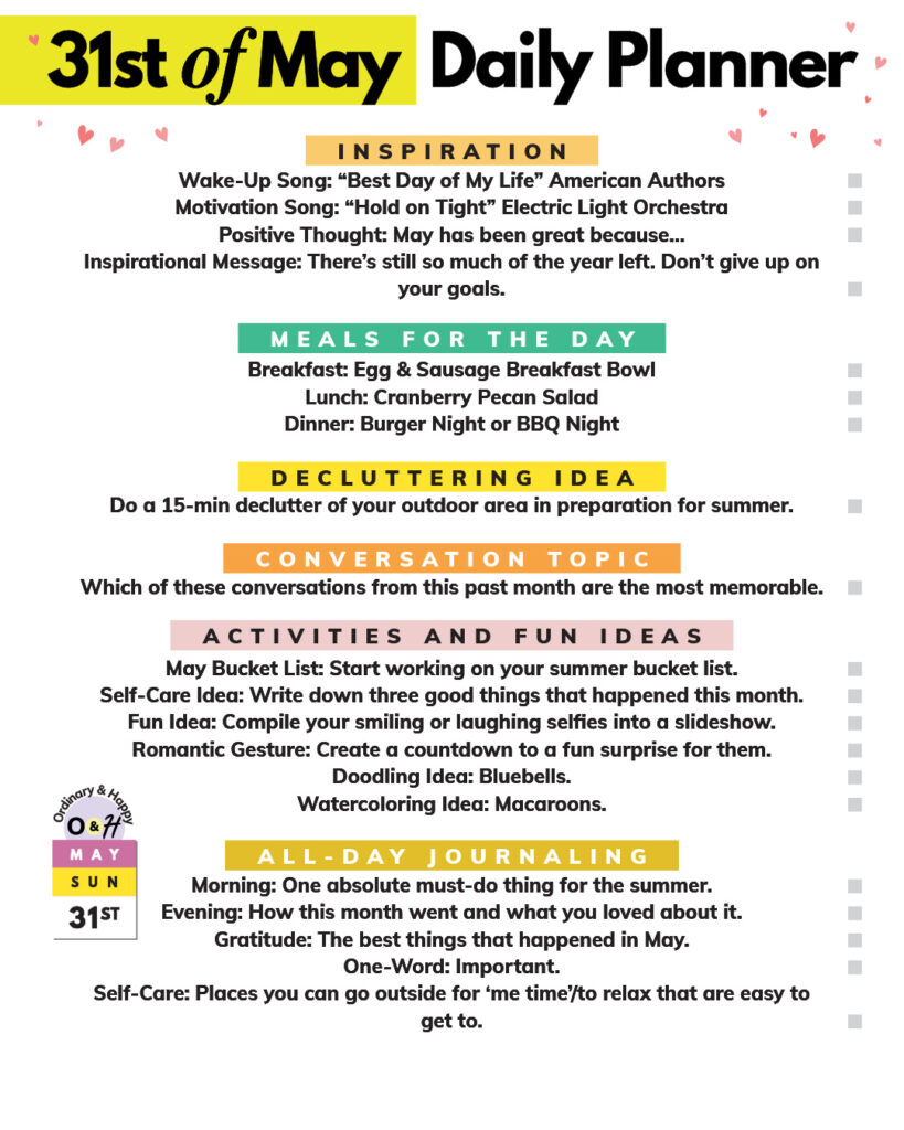 31st of may daily planner with lists of ideas for journaling, activities, conversation, inspiration, and meals