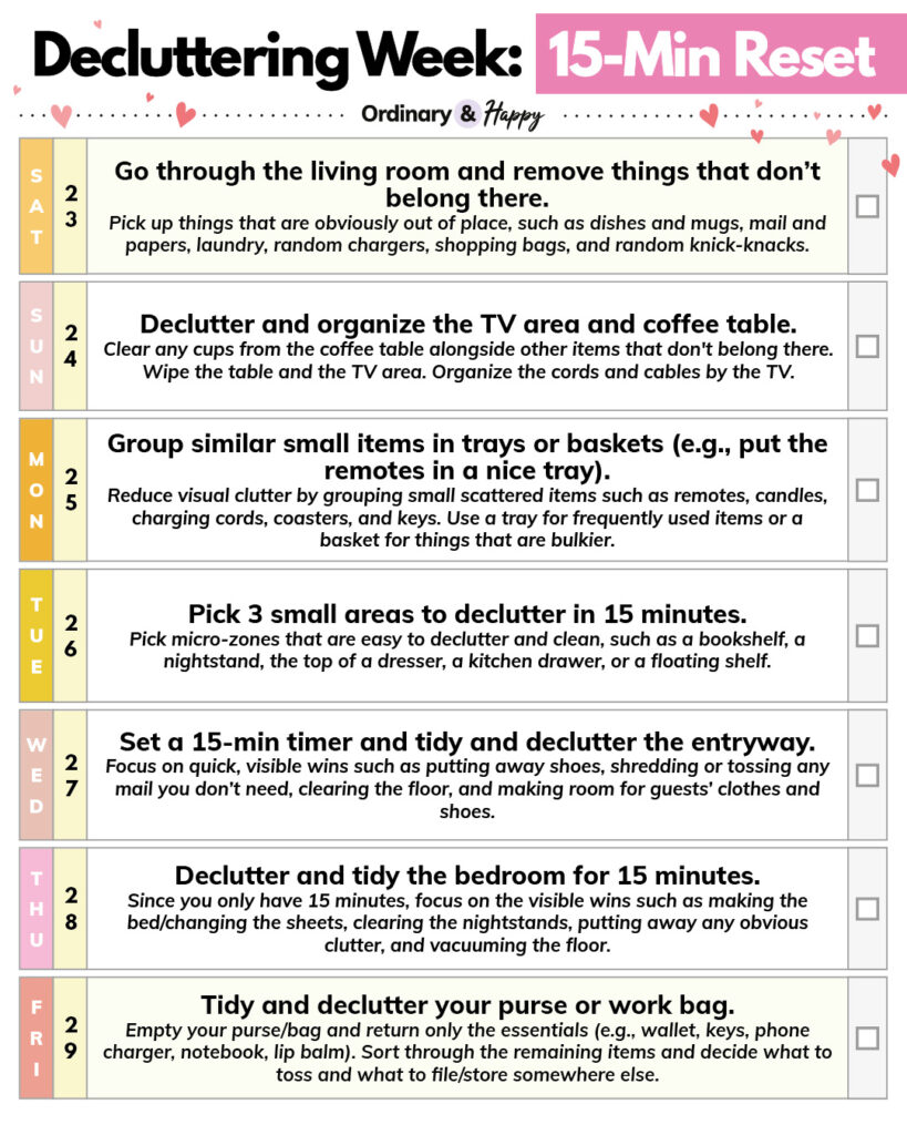 Decluttering Week 15-min Reset ideas.