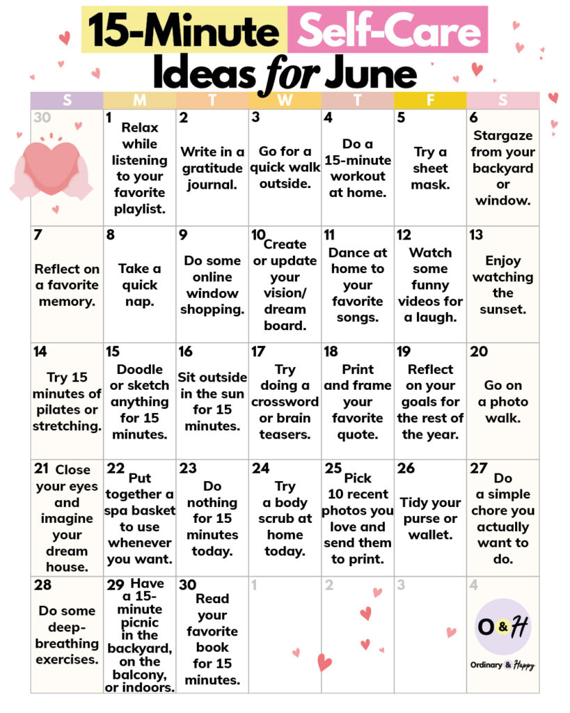 15-Minute Self-Care Ideas for June in a 7x5 calendar grid