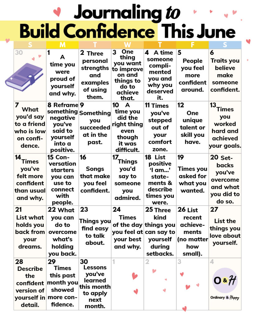 Journaling to Build Confidence this June with 30 ideas displayed in a 7x5 grid calendar format