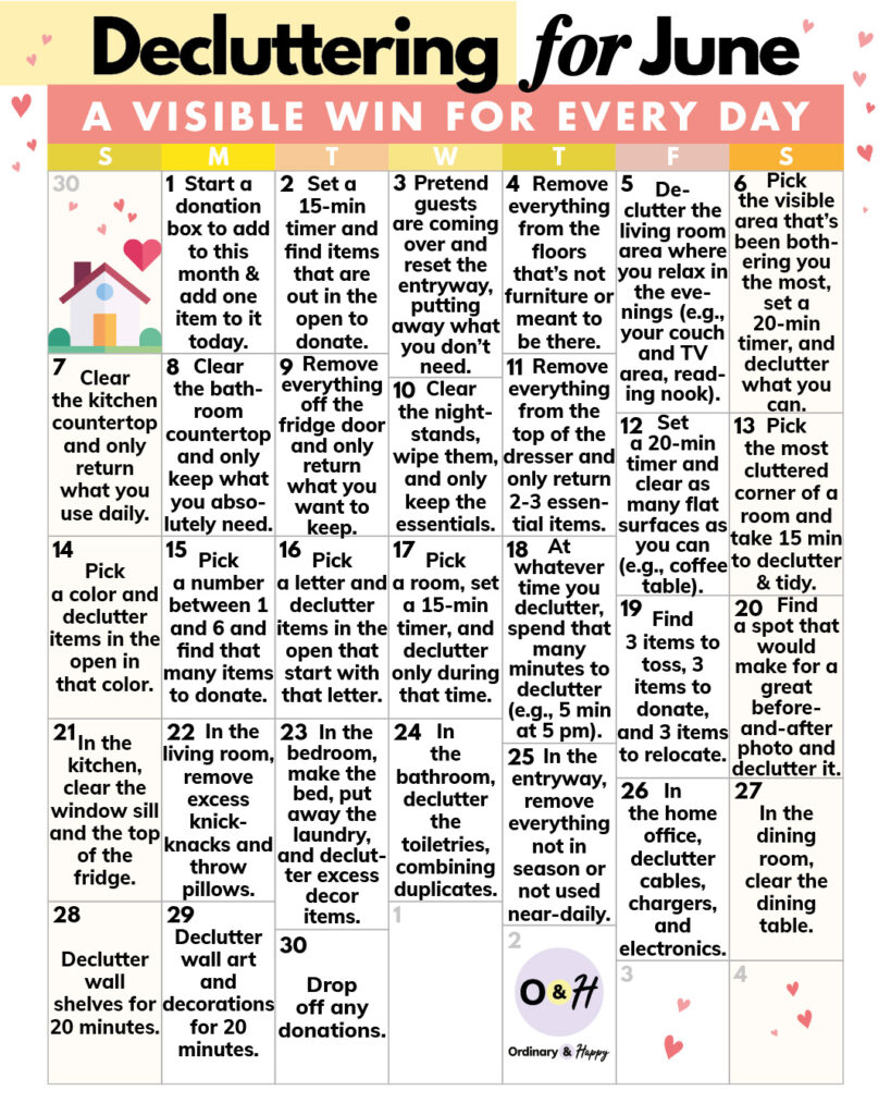 june decluttering calendar with 30 ideas for visible wins in a 7x5 calendar grid with numbered days of the week