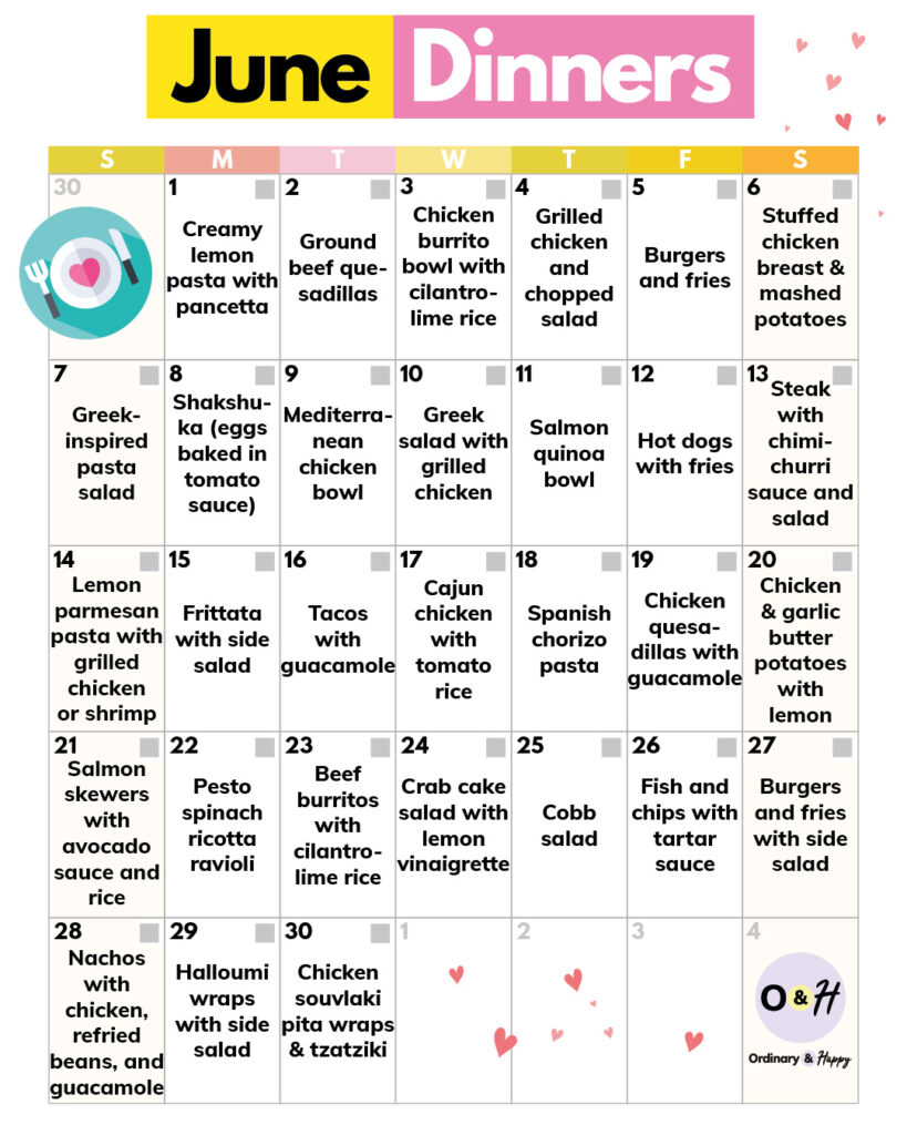 june dinner calendar consisting of 30 ideas displayed in a 7x5 grid format