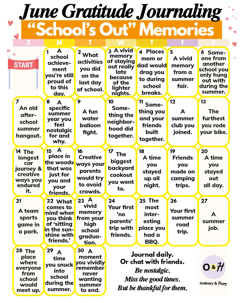 June gratitude journaling school's out memories - prompts displayed in a calendar format.