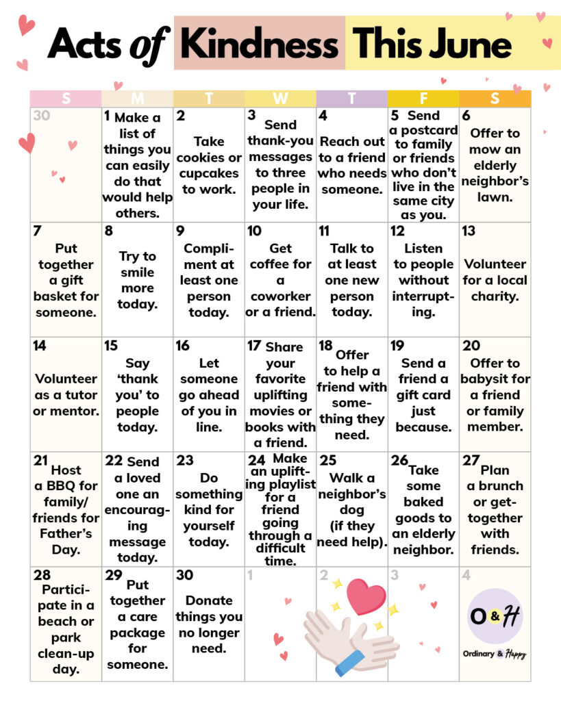 Acts of Kindness This June (calendar format).