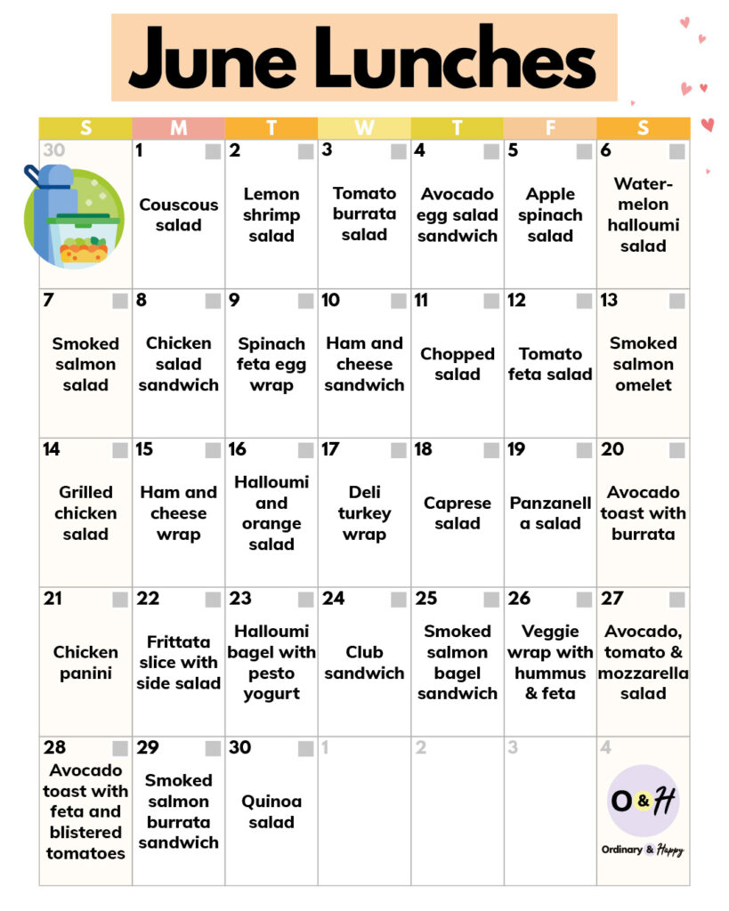 June lunch ideas in a calendar format.