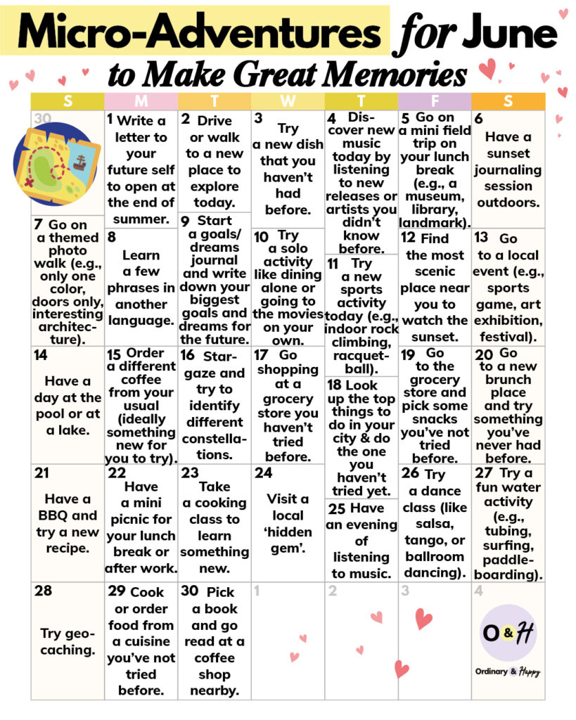 micro-adventures for june (ideas in a calendar format).