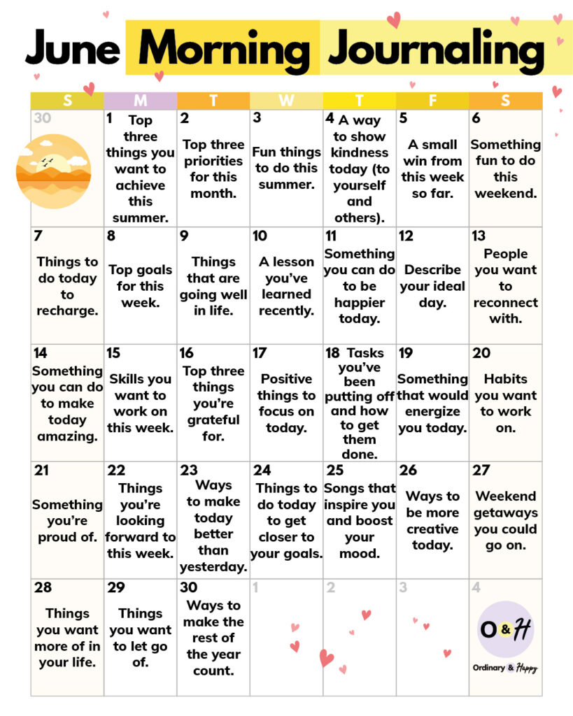 June morning journaling prompts arranged in a calendar format.