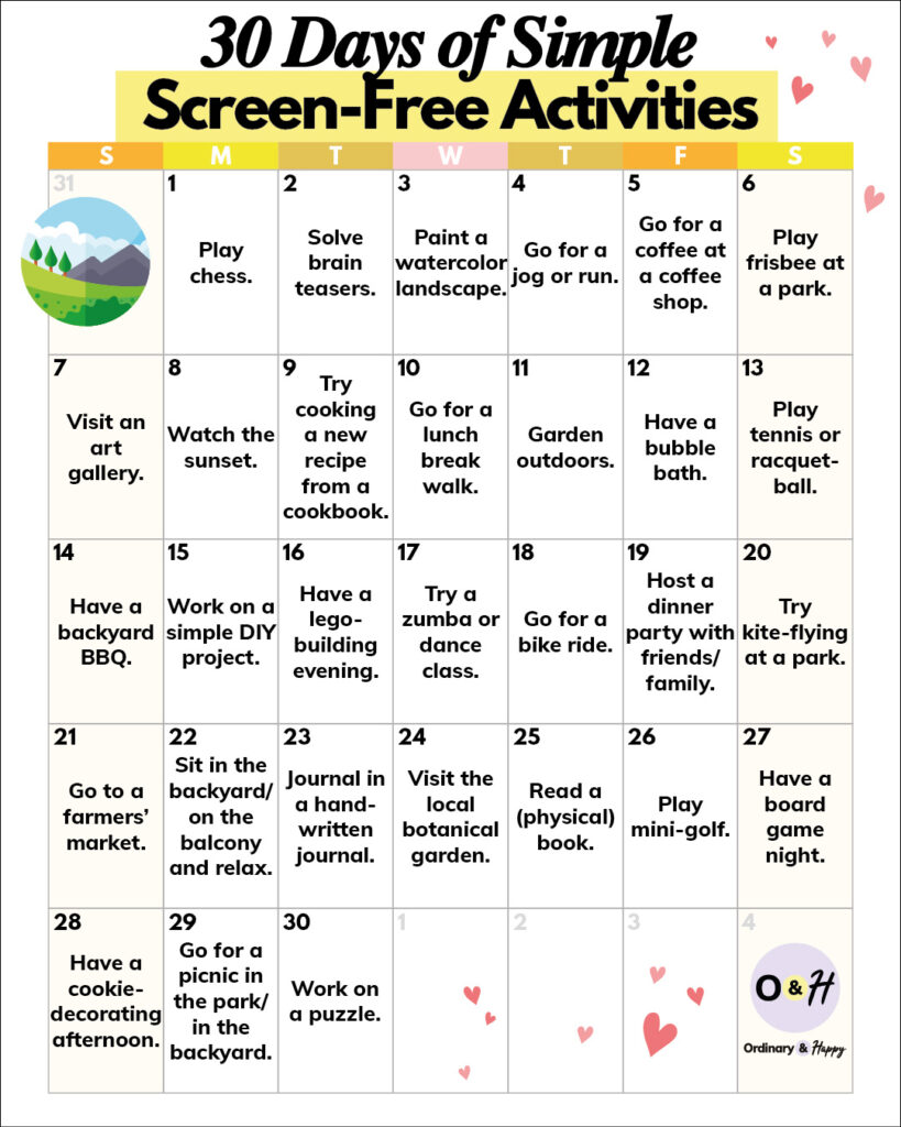 June no-screen ideas in a calendar