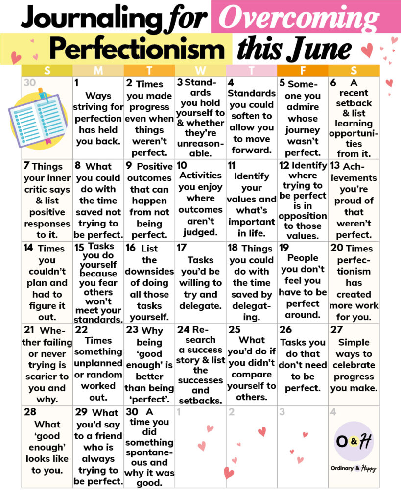 june calendar of journaling prompts for overcoming perfectionism
