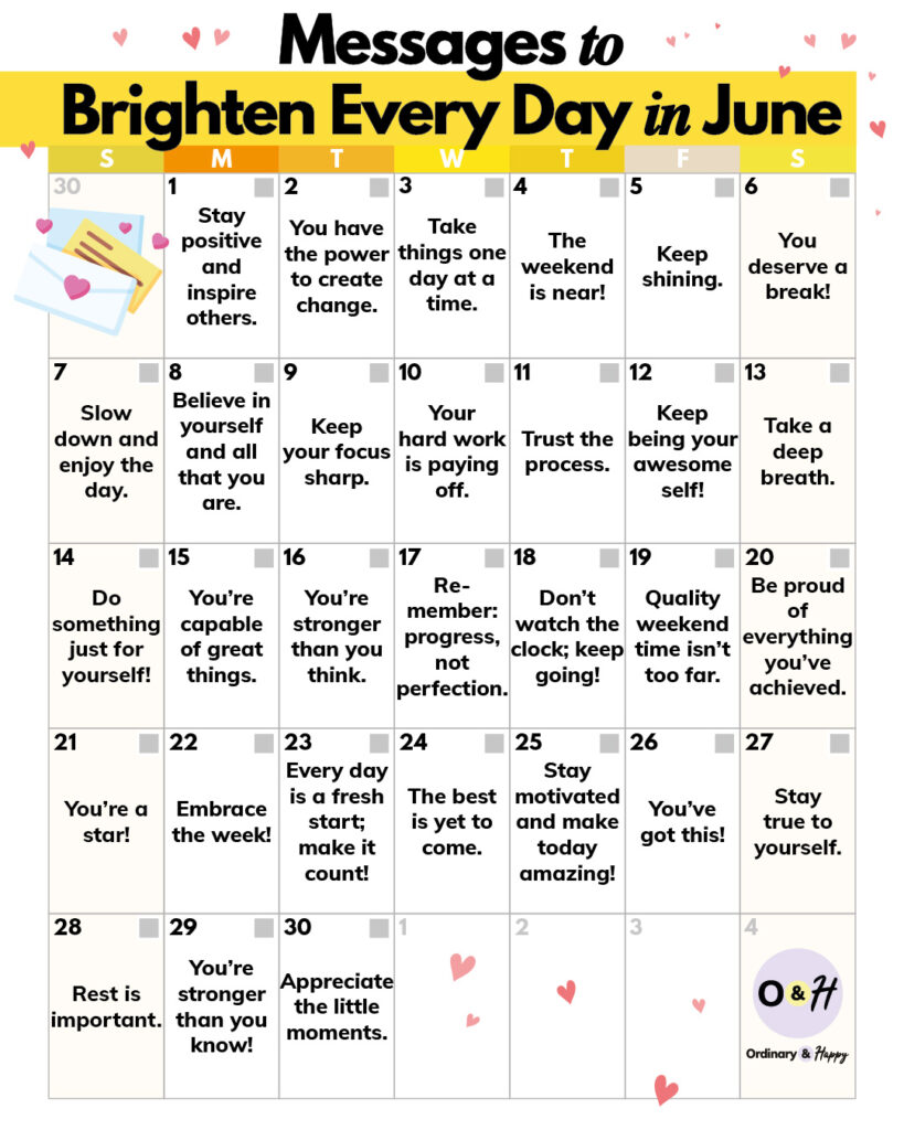 Messages to brighten every day in June displayed in a 7x5 grid calendar