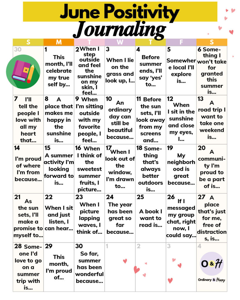 june positivity journaling calendar with an idea for every day in a 7x5 calendar grid