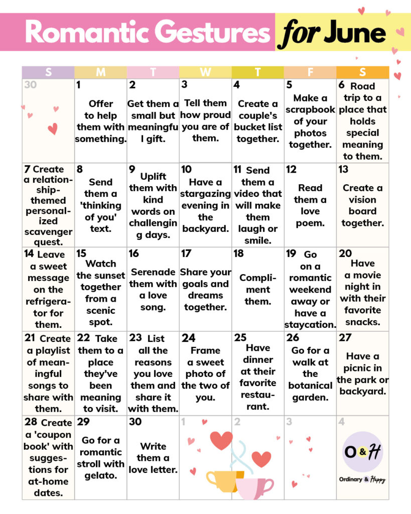 30-day calendar of romantic things to do for your significant other in june