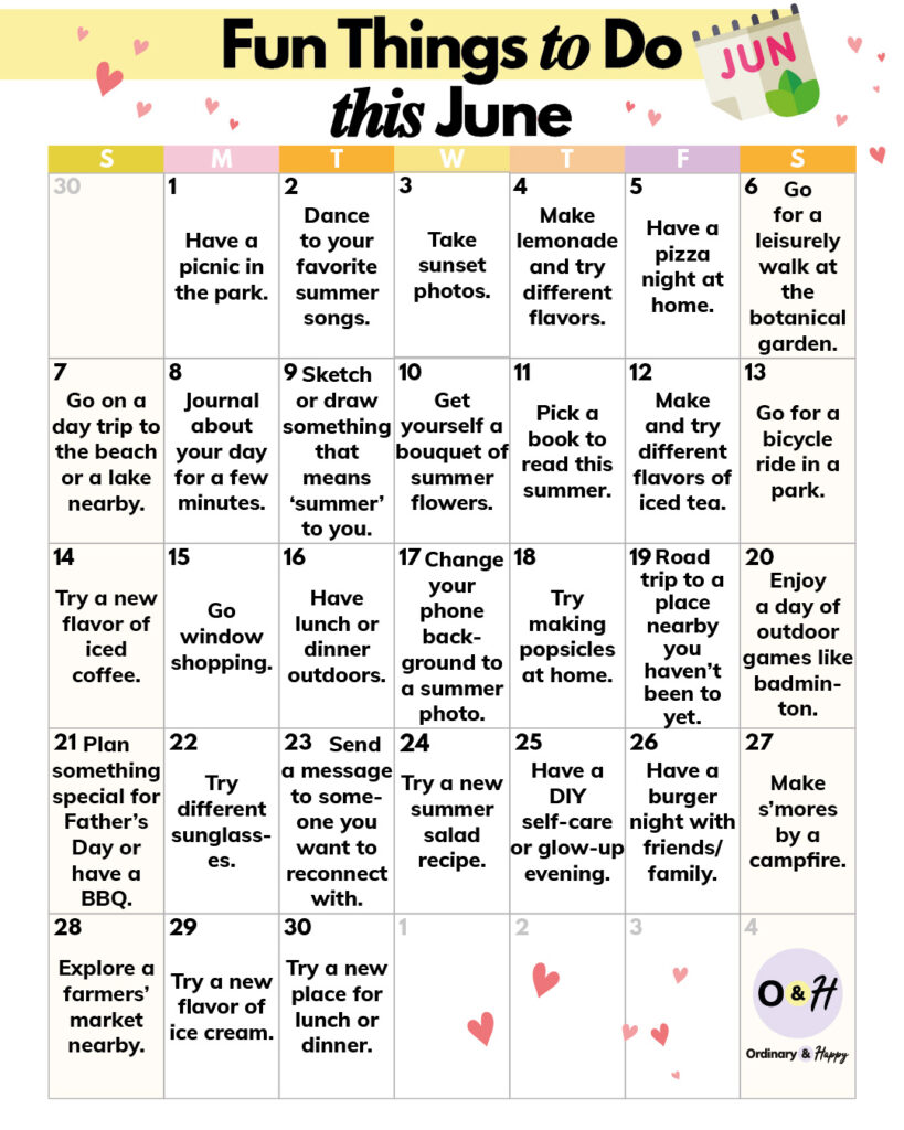 30 days of simple fun ideas listed in a 30-day calendar for the month of june