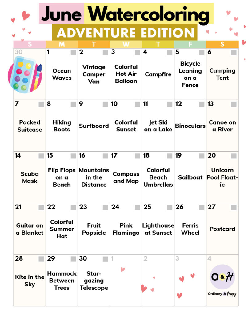 June watercoloring adventure edition ideas in a calendar format.