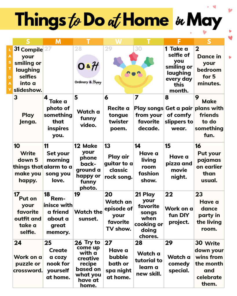 calendar of fun things to do at home in may displayed in a 7x5 grid with color-coded days of the week