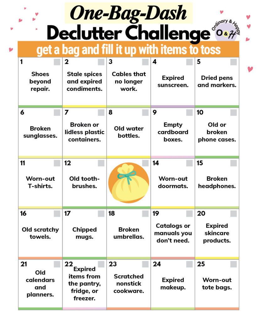The One-Bag-Dash Declutter Challenge bingo card.