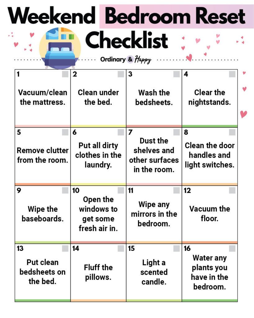 Weekend Bedroom Reset Checklist with 16 simple tasks in a 4x4 checkbox grid