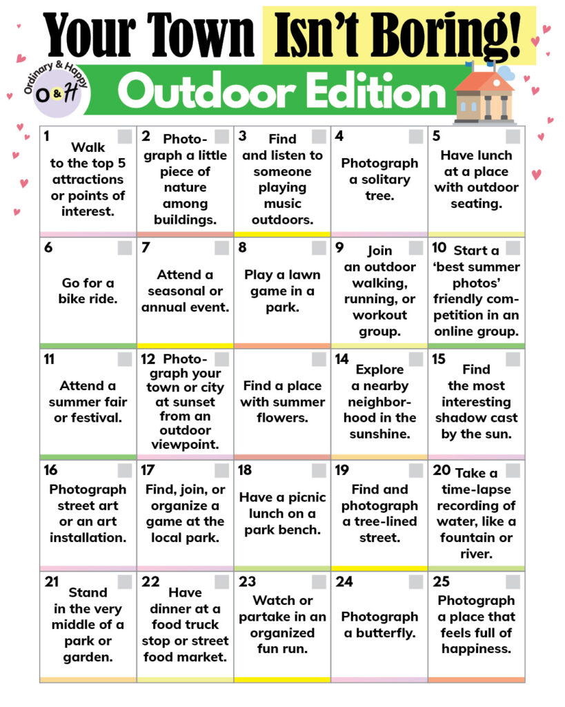 a checklist bingo card of ideas for things to do in your town this summer to go outside