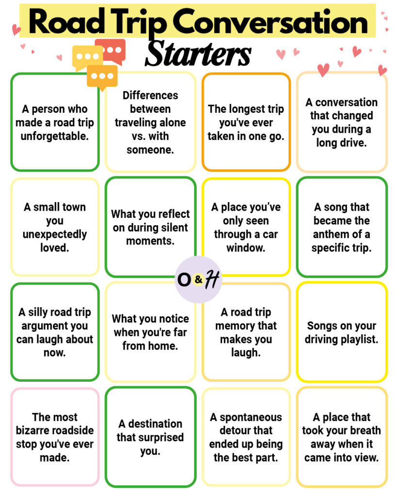 Road trip conversation starters in a 4x4 grid.